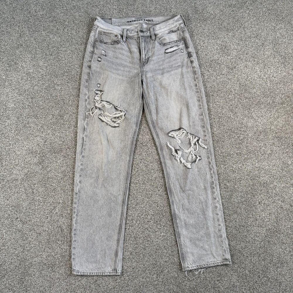 American Eagle 90s Straight Jeans Womens Distroyed High Rise Gray 4 Regular